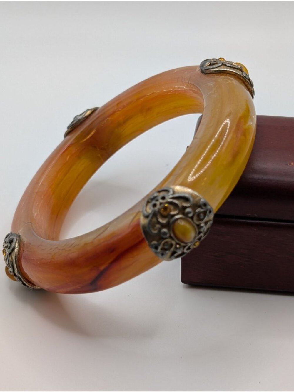 Vintage Butterscotch Marbled Lucite Bangle Bracelet Ornate Metal Inlaid stones